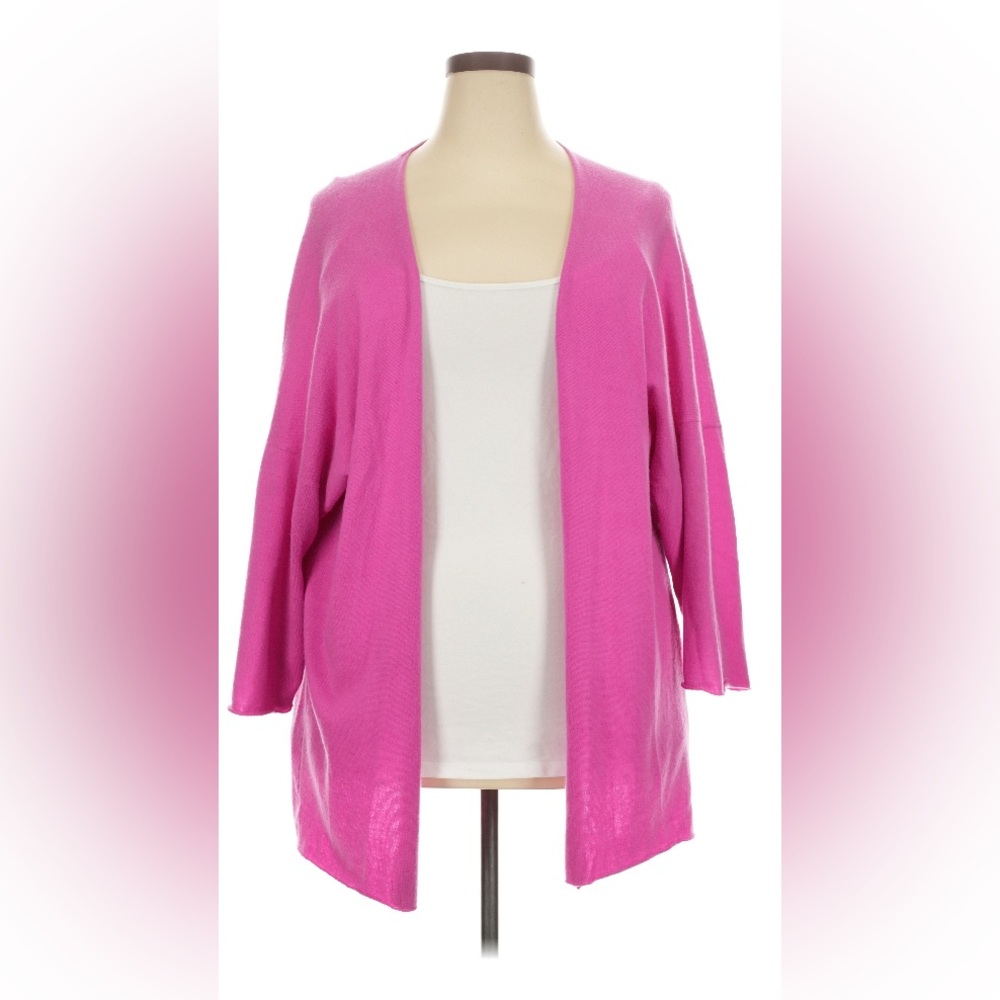 Eskandar 2X 3X 100% Cashmere lipstick pink kimono cardigan sweater